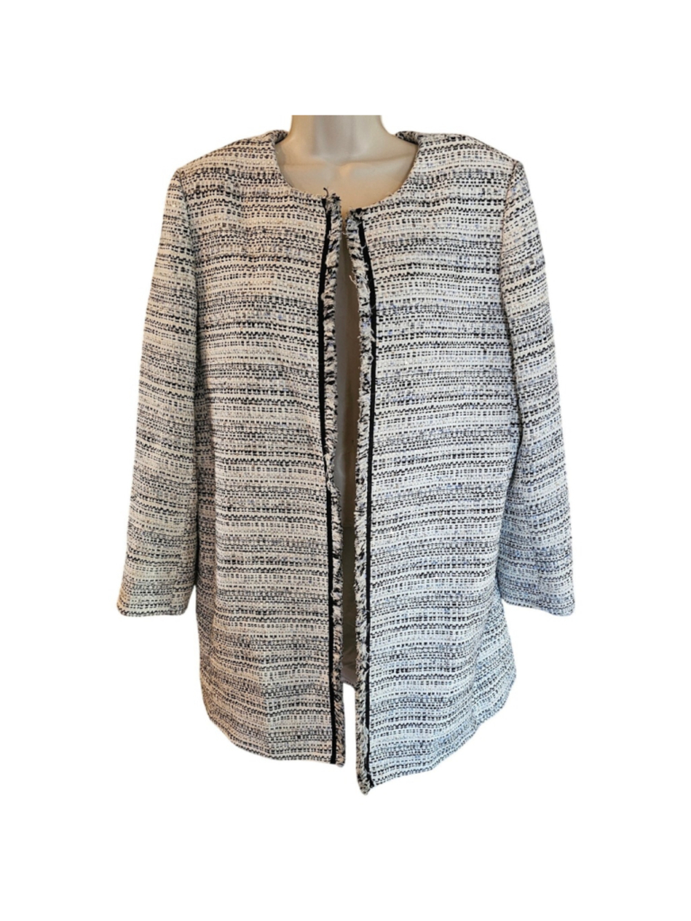 Tahari wool blend twill frayed detail tynic length open blazer sz 14 old money - Picture 2 of 9